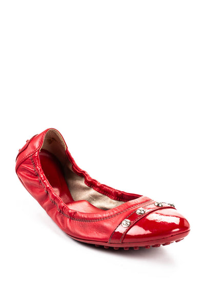 Tods Womens Slip On Studded Cap Toe Ballet Flats Red Leather Size 38.5