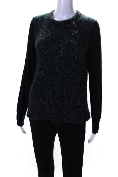 Tory Burch Womens Jeweled Hummingbird Crew Neck Sweater Blue Wool Size Medium