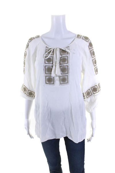 Hale Bob Womens Embroidered Key Hole Neck Blouse White Grey Size Small