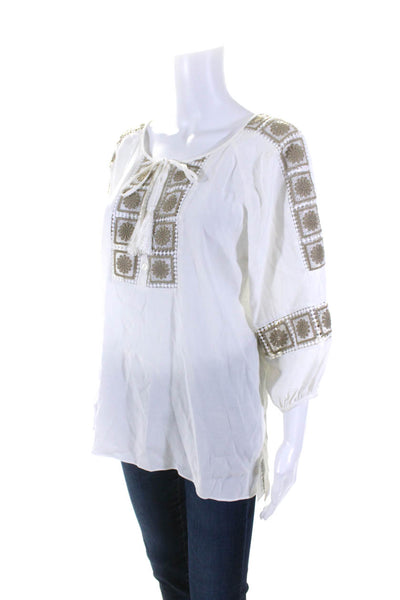 Hale Bob Womens Embroidered Key Hole Neck Blouse White Grey Size Small