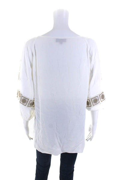 Hale Bob Womens Embroidered Key Hole Neck Blouse White Grey Size Small