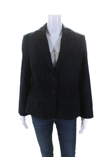 Feraud Womens Striped Floral Embroidered Jacket Navy Blue Wool Size 12