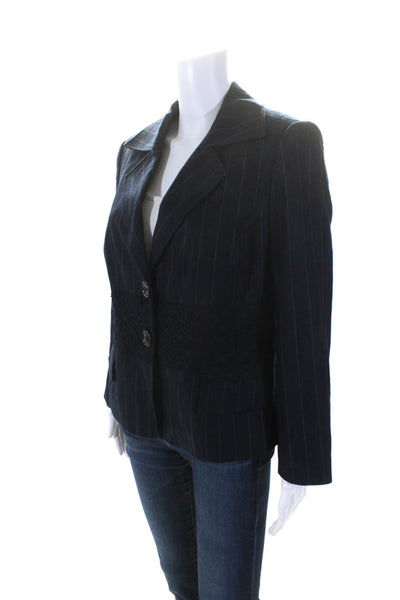 Feraud Womens Striped Floral Embroidered Jacket Navy Blue Wool Size 12