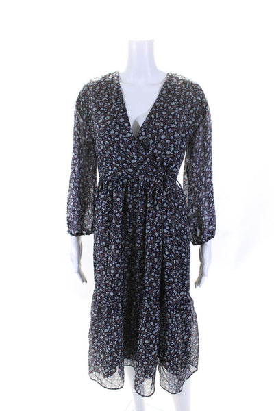Madewell Womens Long Sleeve Floral Surplice A Line Dress Navy Blue Size XS