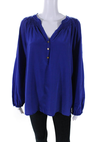 Lilly Pulitzer Womens Silk Crepe Smocked Collar V-Neck Blouse Top Purple Size L