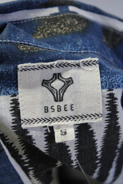 Bsbee Mens Short Sleeve Geometric Print Button Up Shirt White Blue Black Small