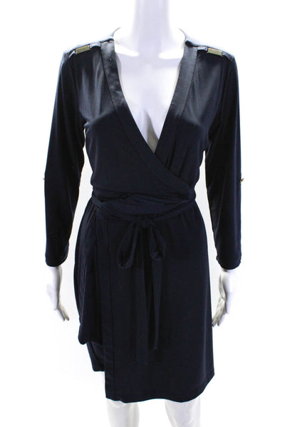 Calvin Klein Women's Long Sleeves V-Neck Wrap Mini Dress Navy Blue Size 4