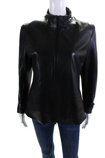 Saja Womens Leather Collared Zip Up Long Sleeve Jacket Coat Black Size XL