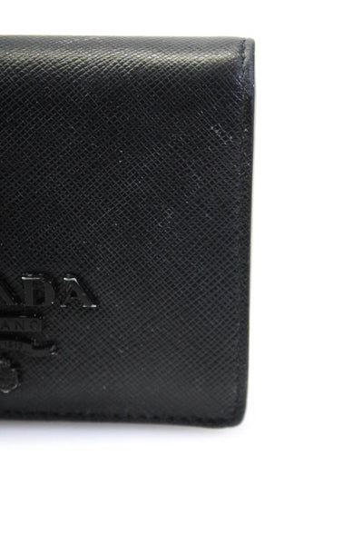 Prada Womens Pressed Leather Logo Bi Fold Card Holder Black Wallet