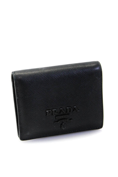 Prada Womens Pressed Leather Logo Bi Fold Card Holder Black Wallet