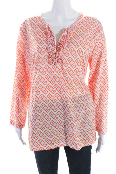 J. Mclaughlin Womens Abstract Print Ruffled Blouse White Orange Size Medium