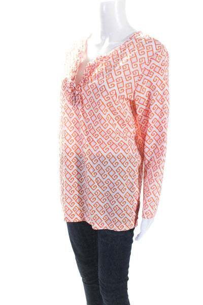 J. Mclaughlin Womens Abstract Print Ruffled Blouse White Orange Size Medium