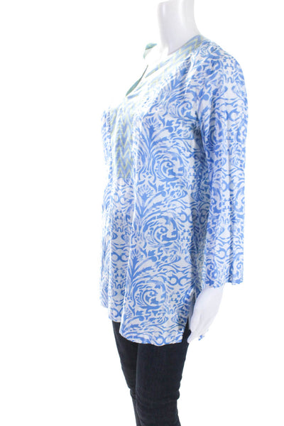 J. Mclaughlin Womens Abstract Print Blouse White Blue Cotton Size Medium