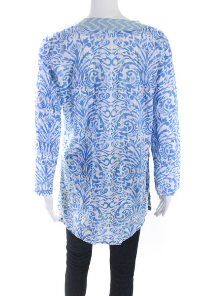 J. Mclaughlin Womens Abstract Print Blouse White Blue Cotton Size Medium