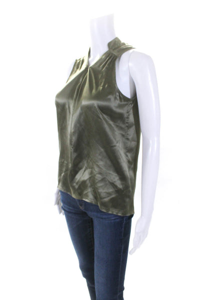 Go Silk Women's V-Neck Quarter Zip Up Sleeve Silk Blouse Olive Green Size XS
