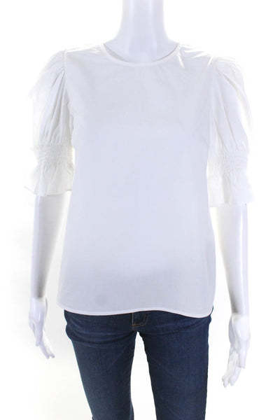 Gestuz Womens Short Puff Sleeve Poplin Crew Neck Top Blouse White Size FR 34