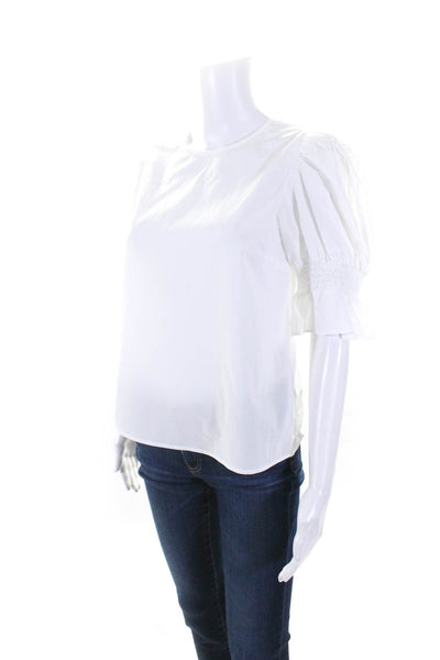 Gestuz Womens Short Puff Sleeve Poplin Crew Neck Top Blouse White Size FR 34