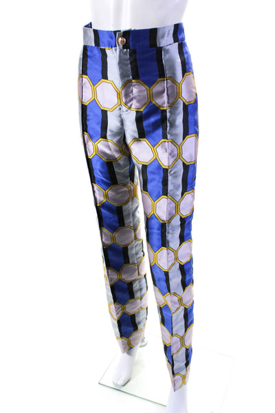 Lisou Womens Jacquard Geometric Print Buttoned Straight Leg Trousers Blue Size 6