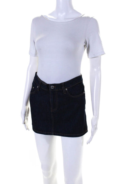 Prada Womens Zipper Fly Dark Wash Logo Pocket Denim Mini Skirt Blue Size IT 38