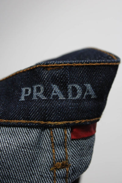 Prada Womens Zipper Fly Dark Wash Logo Pocket Denim Mini Skirt Blue Size IT 38