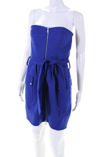 Cynthia Steffe Womens Front Zip Side Pocket Belted Strapless Dress Blue Size 6