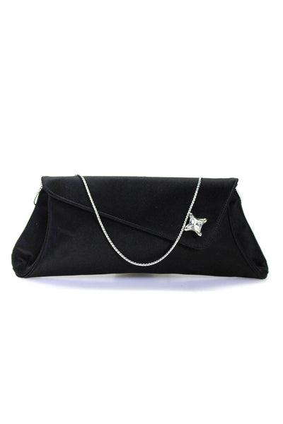 Judith Leiber Womens Asymmetrical Flap Crystal Satin Evening Handbag Black