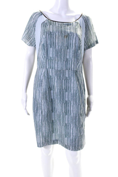 O2nd Womens Striped Print Round Neck Short Sleeve Midi Dress Blue Size 10