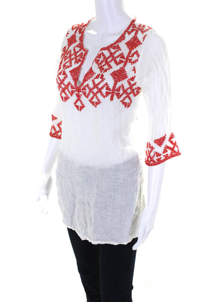 Calypso Saint Barth Womens Linen Beaded Collar V-Neck Tunic Top White Size XS