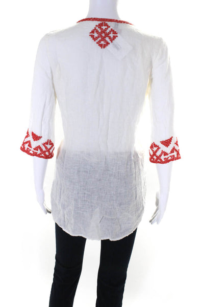 Calypso Saint Barth Womens Linen Beaded Collar V-Neck Tunic Top White Size XS