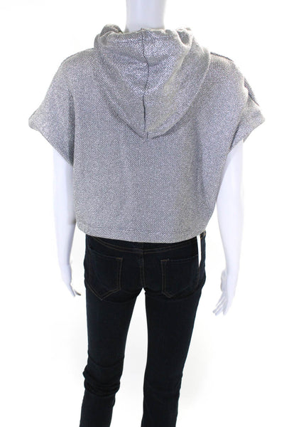Ultracor Womens Short Sleeve Metallic Knit Cropped Hoodie Sweater Silver Size XS