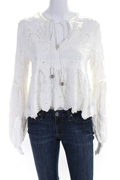 The Kooples Womens Eyelet Scallop Hem Long Sleeve V-Neck Blouse Top White Size 2