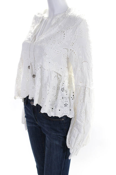 The Kooples Womens Eyelet Scallop Hem Long Sleeve V-Neck Blouse Top White Size 2