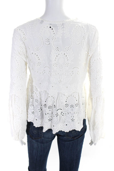 The Kooples Womens Eyelet Scallop Hem Long Sleeve V-Neck Blouse Top White Size 2