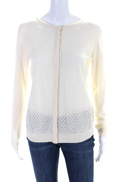 Akris Punto Womens Perforated Thin Knit Button Up Cardigan Sweater Ecru Size 8