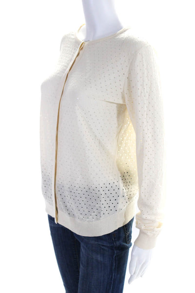 Akris Punto Womens Perforated Thin Knit Button Up Cardigan Sweater Ecru Size 8