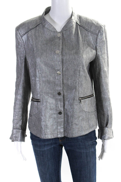 Gerry Weber Womens Metallic Coated Canvas Snap Jacket Silver Size 8
