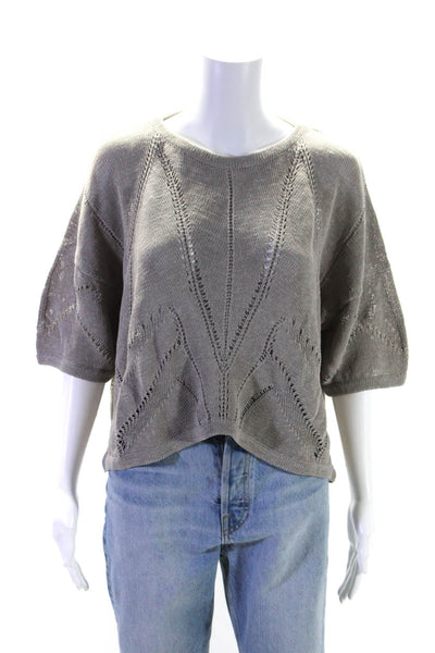 Helmut Lang Womens Gray Open Knit Linen Crew Neck Short Sleeve Blouse Top Size S