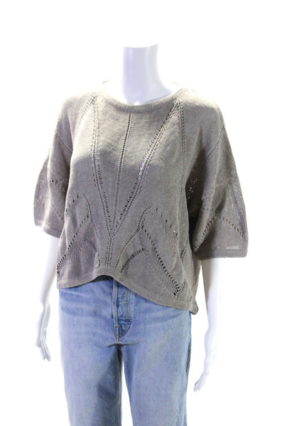 Helmut Lang Womens Gray Open Knit Linen Crew Neck Short Sleeve Blouse Top Size S