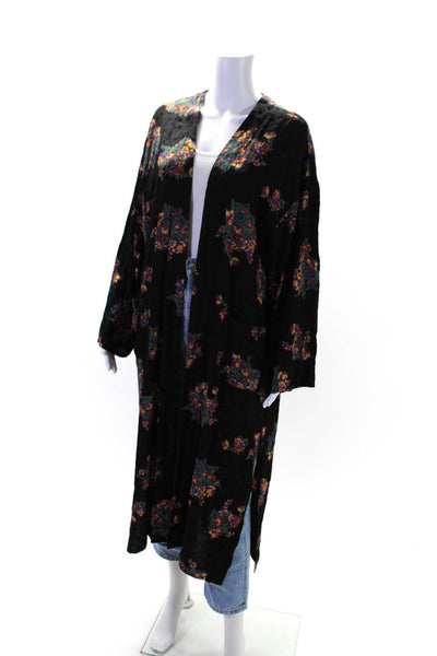 Ba&Sh Womens Black Floral Print Open Front Long Sleeve Robe Size 2