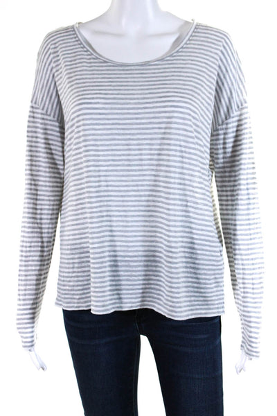 Eileen Fisher Womens Linen Striped Round Neck Long Sleeve Top Gray Size XS