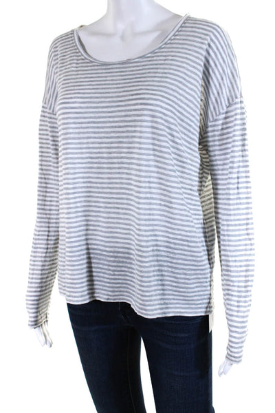 Eileen Fisher Womens Linen Striped Round Neck Long Sleeve Top Gray Size XS