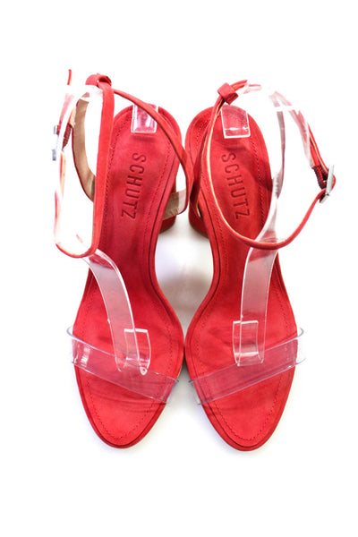 Schutz Womens Transparent Suede Open Toe Ankle Strap Heels Sandals Red Size 6B