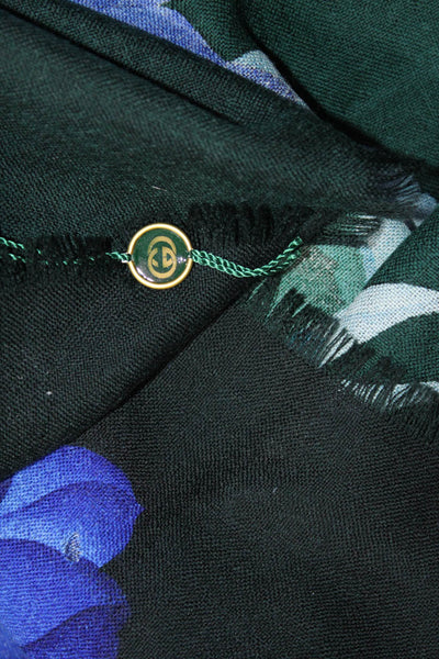 Gucci Womens Fringe Floral Logo Knit Square Scarf Black Green Blue