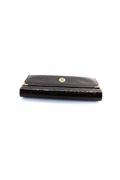 Cartier Womens Vintage Logo Flap Glossy Croc Embossed Wallet Deep Red Leather
