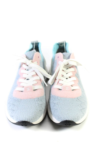 Chanel Womens 2019 CC Logo Pointelle Knit Sneakers Light Blue Pink Size 41 11