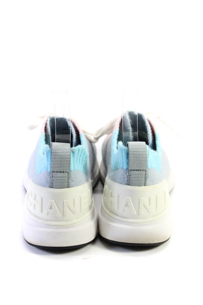 Chanel Womens 2019 CC Logo Pointelle Knit Sneakers Light Blue Pink Size 41 11