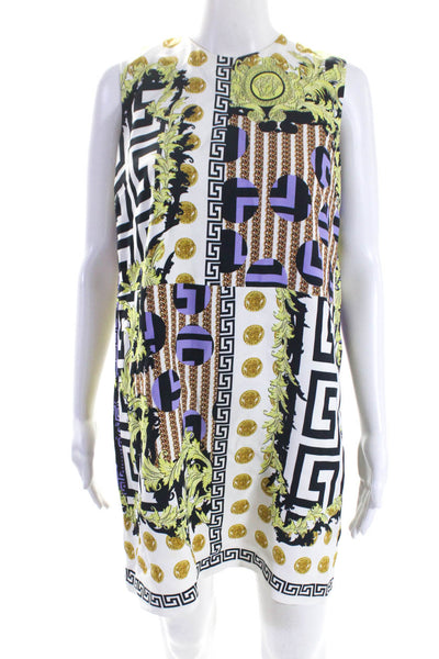 Versace Womens Mixed Print Medusa Greca Sheath Dress White Yellow Purple IT 44