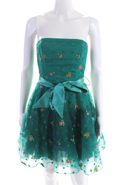 Betsey Johnson Evening Womens Floral Print Belted A Line Dress Green Pink Size 2