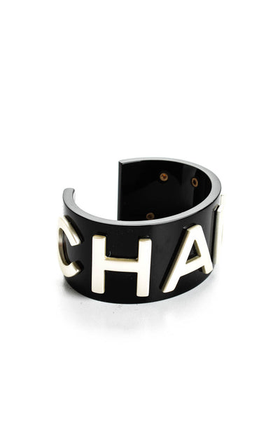 Chanel Womens Black Resin Silver Tone Logo Cuff Bracelet