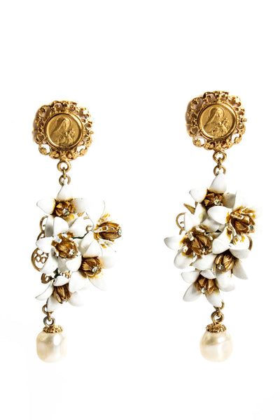 Dolce & Gabbana Womens Gold Tone White Resin Floral Faux Pearl Dangle Earrings